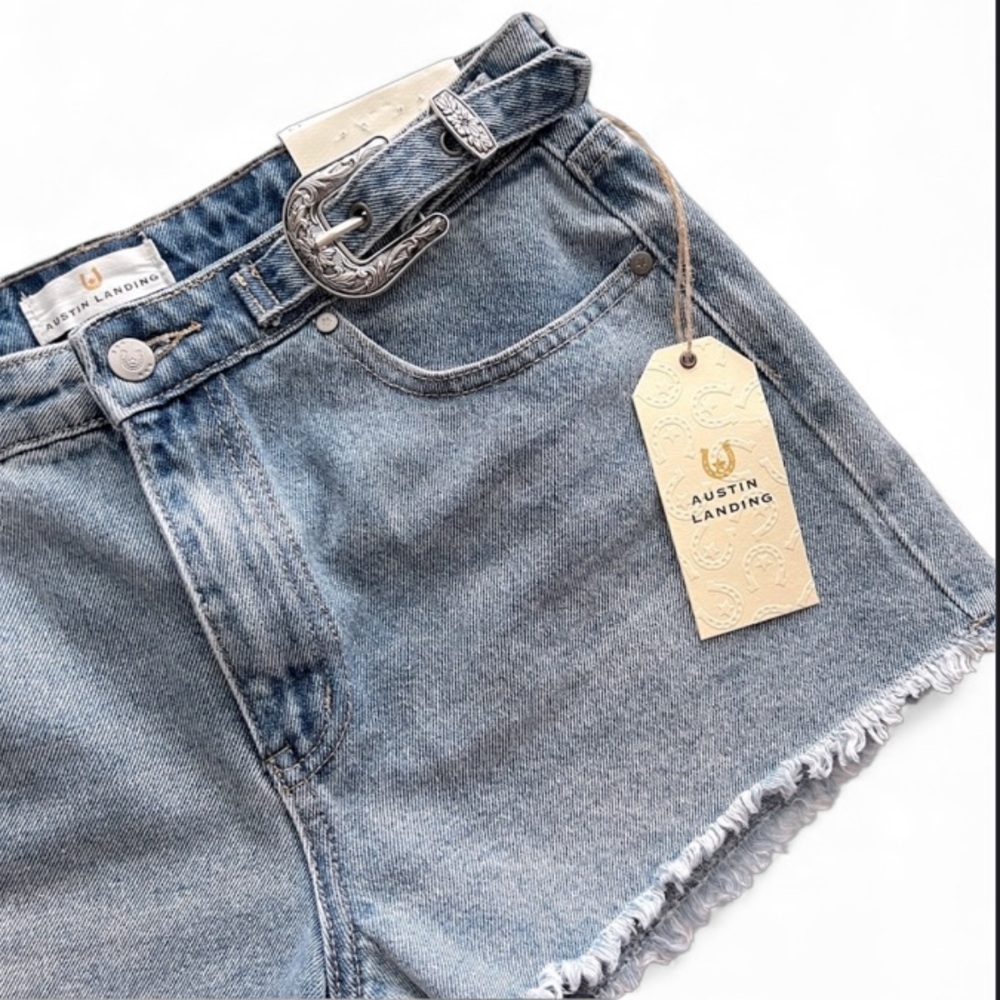 AUSTIN LANDING Mid Rise Jean Shorts Western Silver Buckle Embellishment …